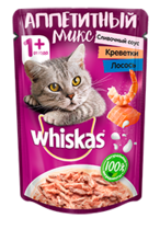 Whiskas 85 гр./Вискас консервы в фольге для кошек сливочный соус, креветки, лосось