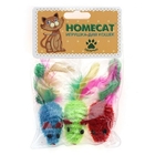 HOMEPET Игрушка для кошек мышки разноцветные с пером гремящие 3 шт. 6 см.(72347)