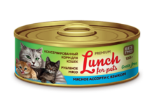Lunch for pets 100 гр./Консервы для кошек Рубленое мясо Мясное ассорти с языком