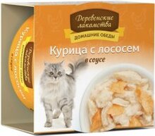 Деревенские Лакомства 80 гр./Консервы для кошек Курица с лососем в соусе